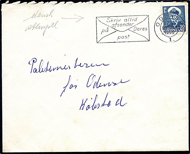 30 øre Fr. IX på brev annulleret med dansk stempel i Odense d. 20.1.1960 til Odense. Ikke udtakseret i porto.