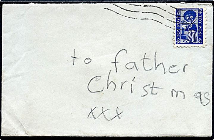 Engelsk Toy Post mærkat på lille brev med indhold til Father Christmas. Indeholder ønskeseddel.