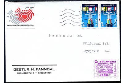 16 kr. CEPT udg. (2) og Siglufjord Lions Club Julemærke 1988 på brev fra Reykjavik d. 10.12.1991.