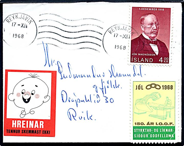 4 kr. Jon Magnusson og IOOF julemærke 1968 på brev fra Reykjavik d. 17.12.1968.