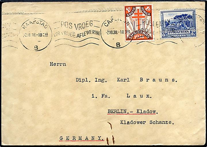 3d daglig udg. og 1d Julemærke 1938 på brev fra Capetown d. 2.12.1938 til Berlin, Tyskland. 