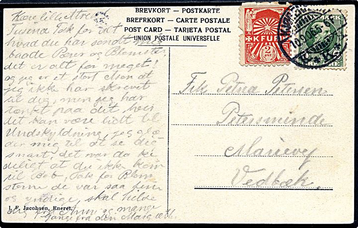 5 øre Chr. IX og 2 øre KFUM mærkat (defekt) på brevkort fra Kjøbenhavn d. 10.9.1906 til Vedbæk.
