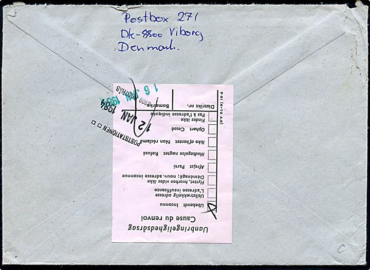Norsk 3,50 kr. Træna (3) på brev annulleret med dansk stempel i Viborg d. 13.11.1983 til Godthåb, Grønland. Retur som ubekendt. Ikke udtakseret i porto.