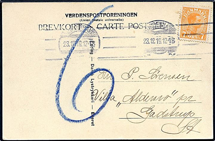 7 øre Chr. X på underfrankeret julekort fra Kjøbenhavn d. 23.12.1919 til Gadstrup st. Udtakseret i 6 øre porto.