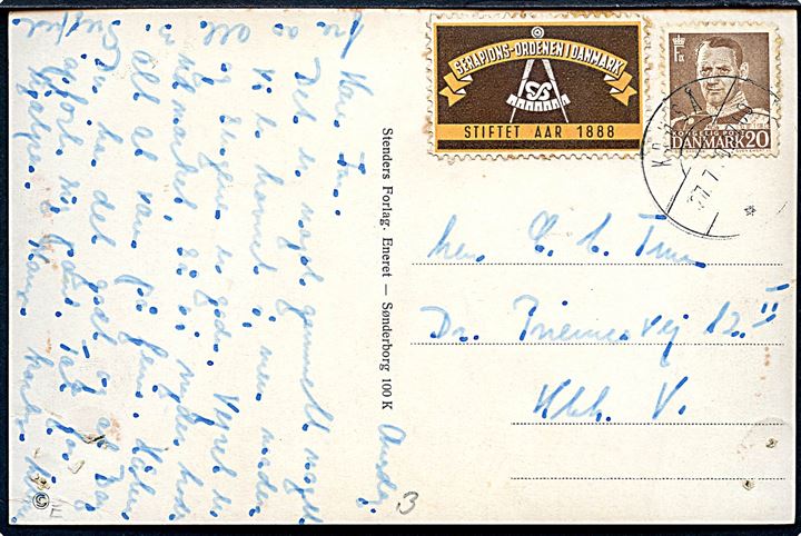 20 øre Fr. IX og Serapions-Ordenen i Danmark mærke på brevkort fra Kruså d. 27.7.1960 til København.