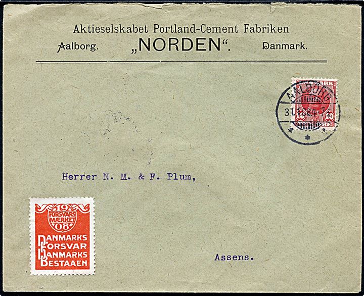 10 øre Fr. VIII på brev med Forsvarsmærket 1908 fra Aalborg d. 31.1.1908 til Assens.
