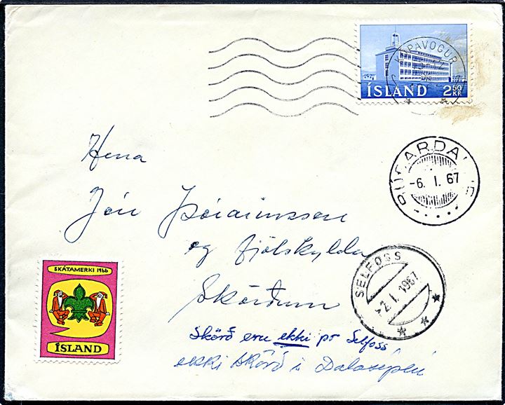2,50 kr. og Spejderforbundet Julemærke 1966 på brev fra Kopavogur d. 15.12.1966 til Selfoss - eftersendt.