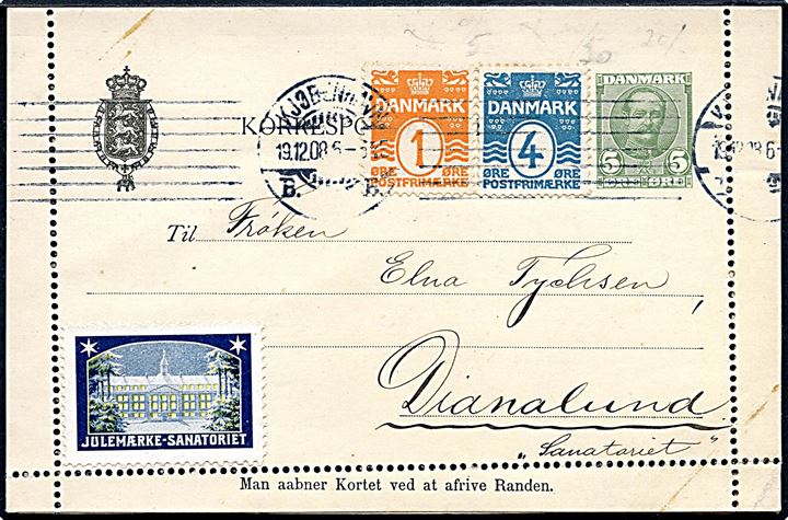 5 øre Fr. VIII helsags korrespondancekort med fuld rand opfrankeret med 1 øre og 4 øre Bølgelinie fra Kjøbenhavn d. 19.12.1908 til Dianalund. Påsat Julemærke 1908.