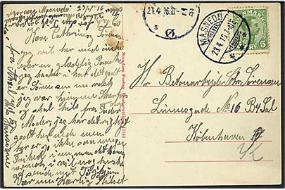 5 øre Chr. X på brevkort annulleret med vanskeligt brotype Ia stempel Masnedø d. 23.4.1915 til København.