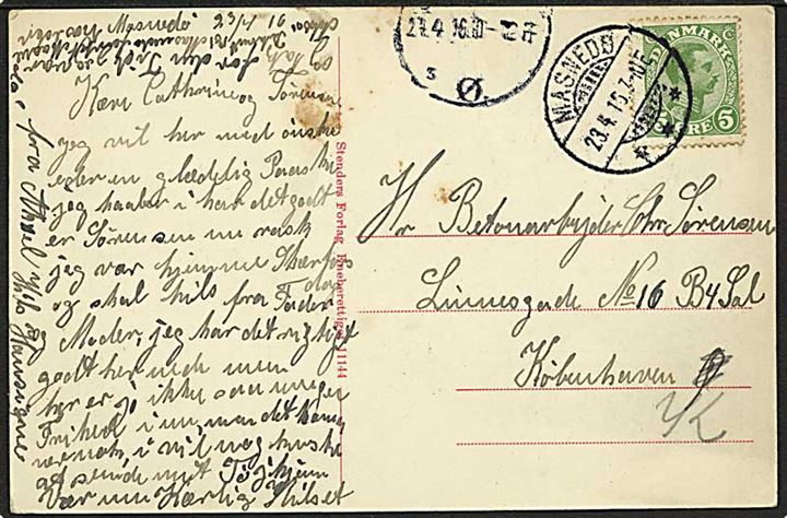 5 øre Chr. X på brevkort annulleret med vanskeligt brotype Ia stempel Masnedø d. 23.4.1915 til København.