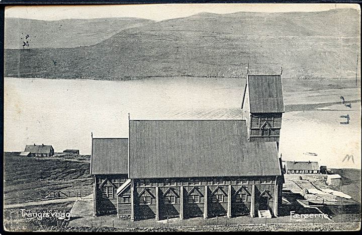 5 øre Fr. VIII på brevkort (Kirke i Trangisvaag) dateret Tveraa d. 1-7-1911 og annulleret med skibsstempel Fra Færöerne til Sindal, Danmark.