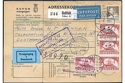 25 øre fr. IX og 2 kr. Ishavsskib (4) på adressekort for luftpostpakke fra Godthåb d. 2.10.1964 via København Told til Aarhus. 
