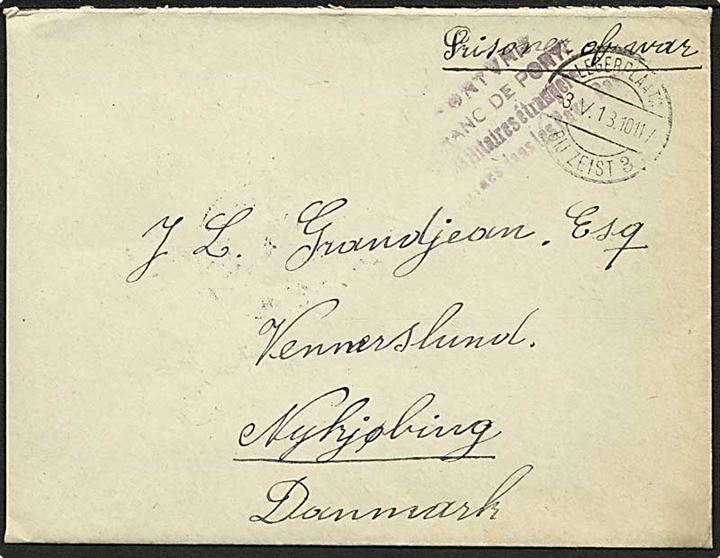 Ufrankeret krigsfangebrev stemplet Legerplaats Bij Zeist d. 3.5.1918 til Nykøbing, Danmark. Fra interneret belgisk soldat i hollandsk fangelejr.