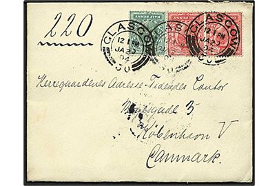 ½d og 1d Edward VII (par) på brev fra Glasgow d. 20.1.1904 til København, Danmark.