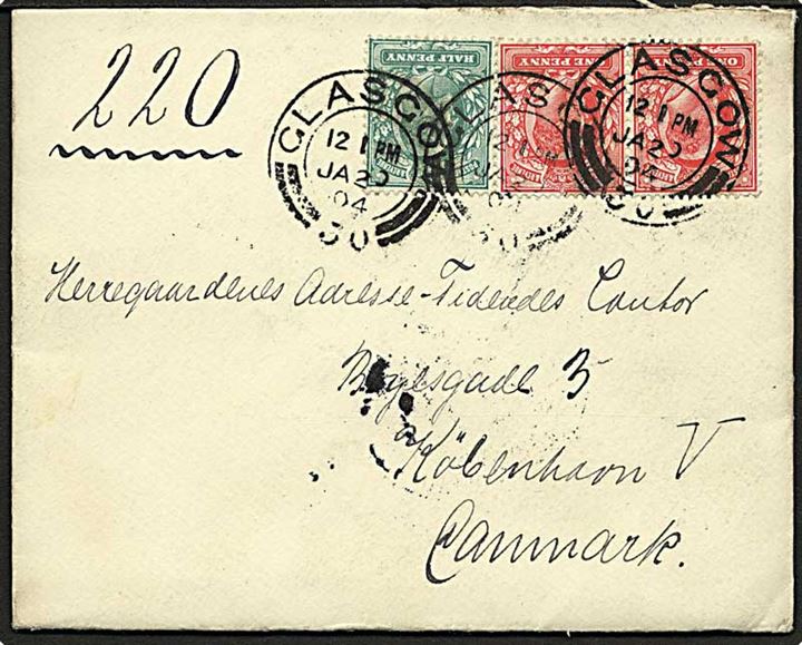 ½d og 1d Edward VII (par) på brev fra Glasgow d. 20.1.1904 til København, Danmark.