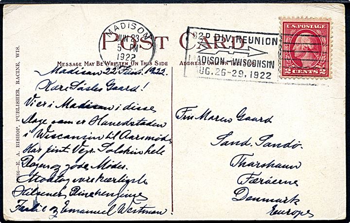 Amerikansk 2 cents Washington på brevkort fra Madison d. 23.6.1922 til Sand på Sandø pr. Thorshavn, Færøerne. 