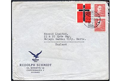 20 øre Chr. X (2) og Chr. X sørgemærkat på brev fra København d. 5.5.1947 til England.