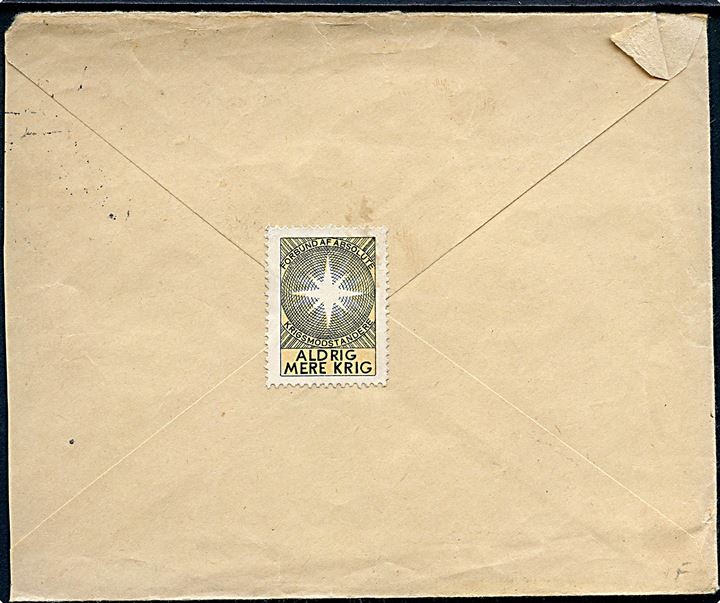 15 øre H. C. Andersen på fortrykt kuvert fra Aldrig mere Krig fra Dalby d. 23.4.1936 til Aale. På bagsiden mærkat Aldrig mere Krig.