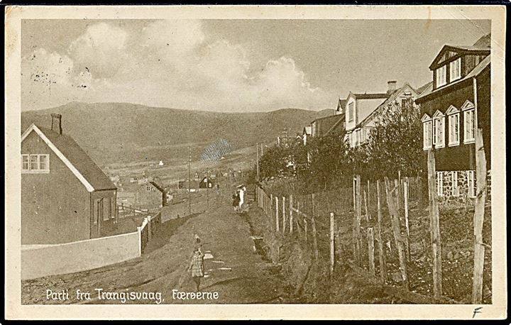 10 øre Bølgelinie på brevkort (Parti fra Trangisvaag) annulleret med brotype Ig Trangisvaag d. 27.12.1929 til Sand på Sandø.