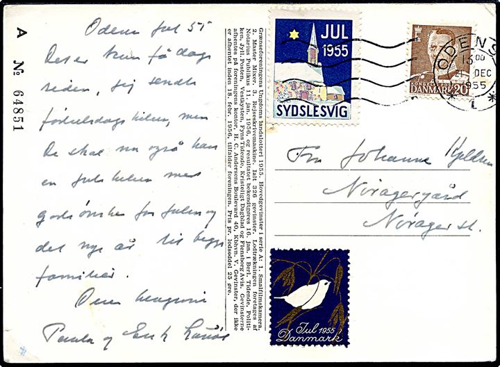 20 øre Fr. IX og Sydslesvig Julemærke 1955 på Grænseforeningens Julelotteri brevkort fra Odense d. 21.12.1955 til Nørager.