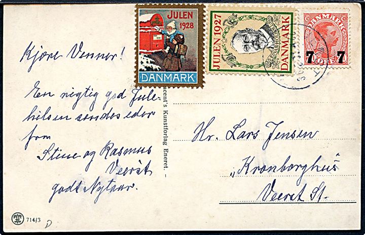 7/20 øre Provisorium, samt Julemærke 1927 og 1928, på lokalt julekort annulleret med brotype IIIb Verst d. 22.12.1928.