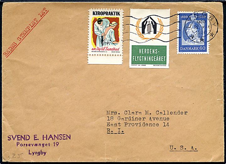 60 øre Fr. IX 60 år, samt både Verdensflygtningeåret og Kiropraktik mærkater, på brev fra Lyngby d. 22.3.1960 til East Providence, USA.