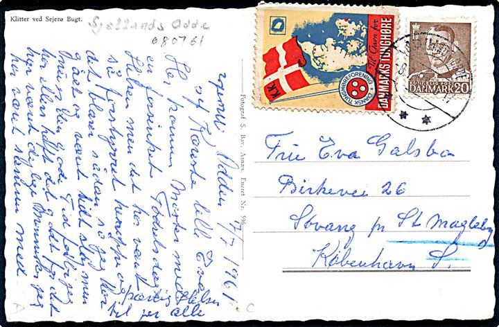 20 øre Fr. IX og Danmarks Tunghøre mærkat på brevkort fra Sjællands Odde d. 8.7.1961 til St. Magleby.