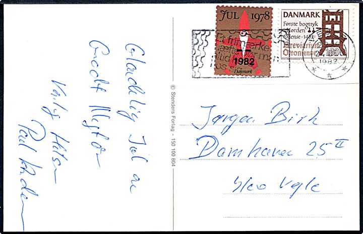 180 øre Bogtrykkunst og 1982/1978 provisorisk julemærke på julekort fra Vejle d. 24.12.1982 til Vejle.