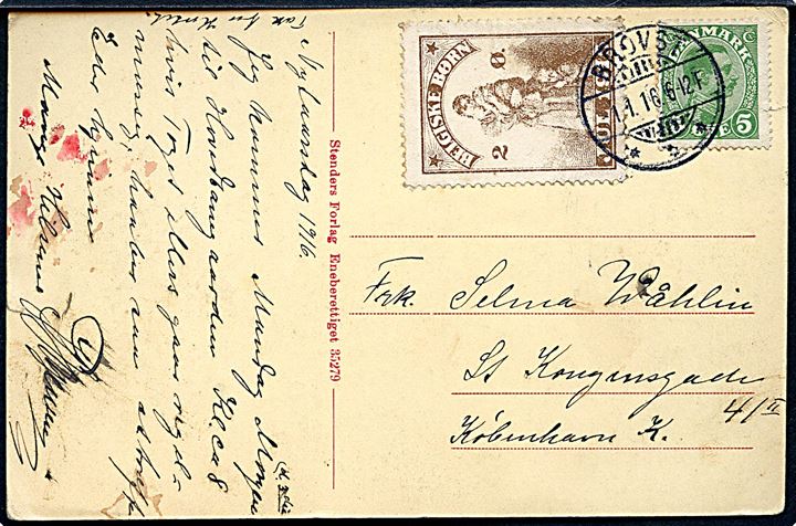 5 øre Chr. X og 2 øre Belgiske Børn 1915 mærke på brevkort fra Brovst d. 1.1.1916 til København.