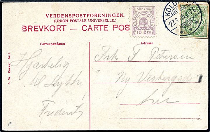 5 øre Våben helsagsafklip og 10 øre Kbhvns. Tjenestepigeforening Skole og Hjem mærkat på lokalt brevkort i Kolding d. 27.4.1906.
