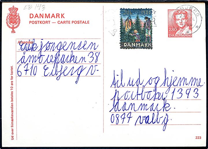 2,80 kr. Margrethe helsagsbrevkort (fabr. 223) med Julemærke 1986 fra Esbjerg d. 9.12.1986 til Valby.