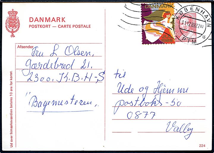 300 øre Margrethe helsagsbrevkort (fabr. 224) med Julemærke 1988 annulleret med håndrullestempel i København PTM sn16 d. 11.12.1988 til Valby.