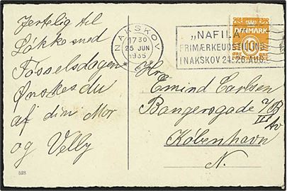 10 øre Bølgelinie på brev annulleret med TMS NAFILA Frimærkeudstilling / Nakskov d. 25.6.1935 til København.