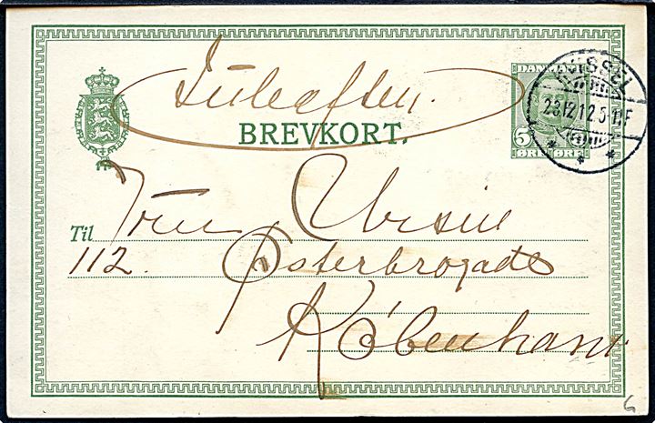 5 øre Fr. VIII helsagsbrevkort med håndtegnede blomster anvendt som julekort fra Kvissel d. 23.12.1912 til København.