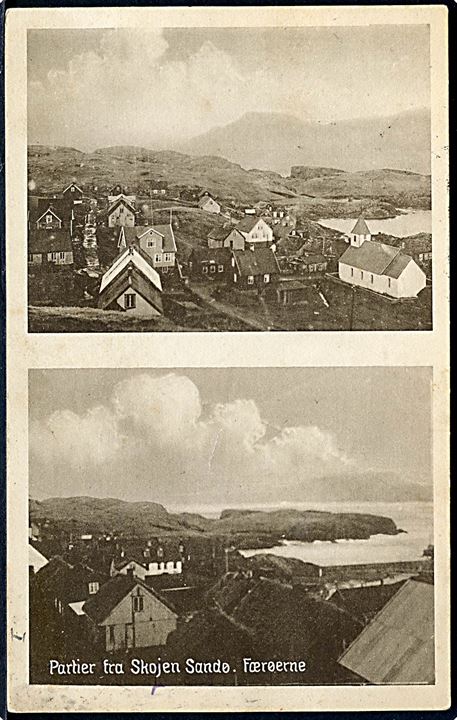 5 øre H. C. Andersen (2) på brevkort (Partier fra Skopen, Sandø) dateret d. 28.3.1936 og annulleret med udslebet stjernestempel SKOPEN til Sand.