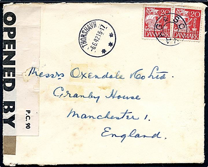 20 øre Karavel (2) på brev annulleret med udslebet stjernestempel SØRVAAG og sidestemplet Thorshavn d. 6.6.1942 til Manchester, England. Åbnet af britisk censur PC90/638. Åbnet 3 sider.