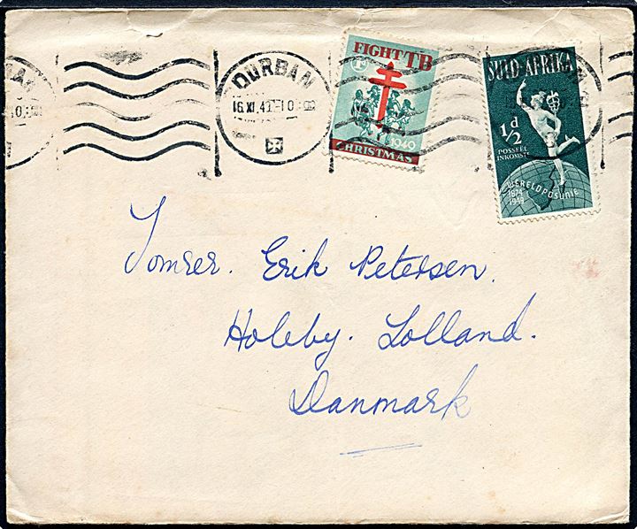 ½d UPU og Fight TB Julemærke 1949 på brev fra Durban d. 16.11.1949 til Holeby, Danmark.