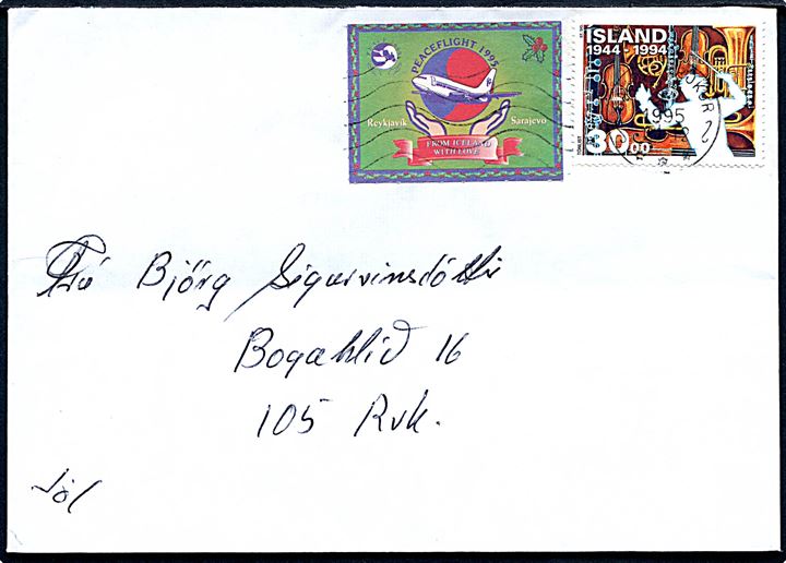 30 kr. og Fredsmærke 1995 på brev fra Saudarfjördur 1995 til Reykjavik. Bagklap løs.