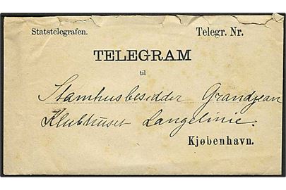 Statstelegrafen telegramkuvert med indhold fra Nykjøbing til Kjøbenhavn. På bagsiden stempel: Statstelegraphen Toldboden Kiøbenhavn.