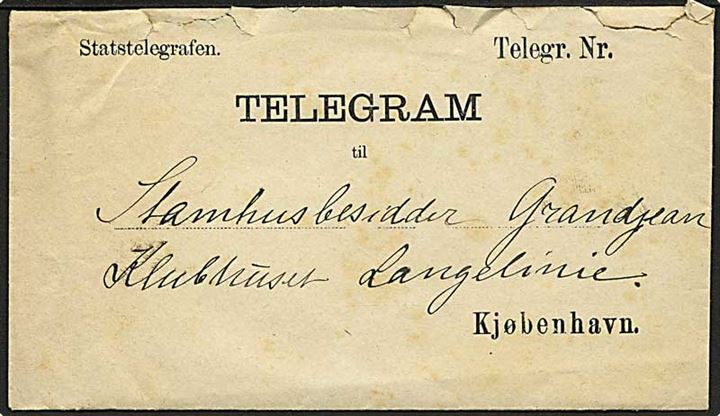 Statstelegrafen telegramkuvert med indhold fra Nykjøbing til Kjøbenhavn. På bagsiden stempel: Statstelegraphen Toldboden Kiøbenhavn.