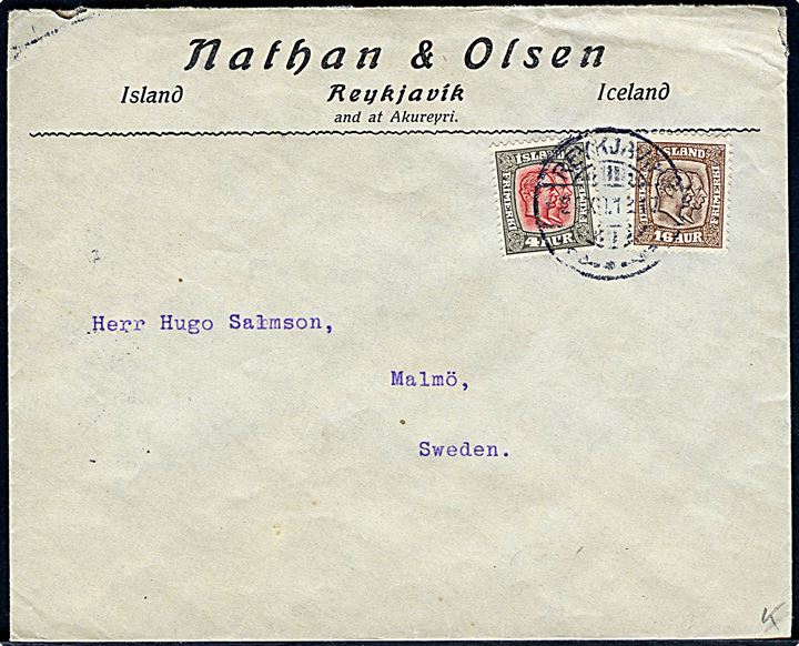4 aur og 16 aur To Konger på brev fra Reykjavik d. 21.12.1913 til Malmö, Sverige. Ank.stemplet Malmö d. 2.1.1914. På bagsiden 2 aur Thorvaldsen Forening Julemærke 1913.