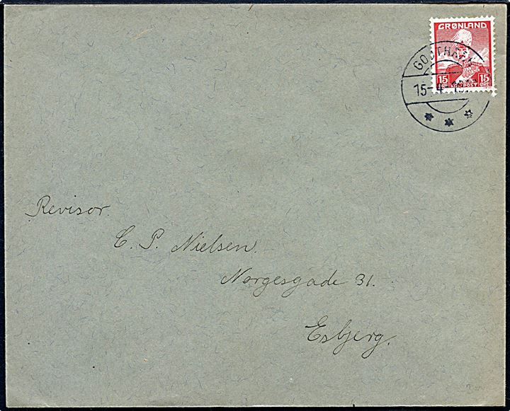 15 øre Chr. X på brev fra Godthaab d. 15.4.1939 til Esbjerg.