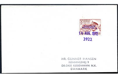 60+10 øre Fr. IX Mindeudg. på brev annulleret med trodat stempel Nanortalik Poststation 3922 d. 14.8.1972 til København. Stempel benyttet som reservestempel. 