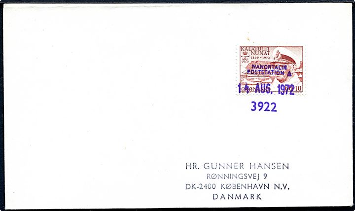 60+10 øre Fr. IX Mindeudg. på brev annulleret med trodat stempel Nanortalik Poststation 3922 d. 14.8.1972 til København. Stempel benyttet som reservestempel. 