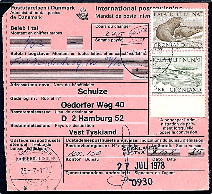2 kr. Narhval og 10 kr. Hvalrosser på International Postanvisning fra Sdr. Strømfjord d. 25.7.1978 til Hamburg, Tyskland.