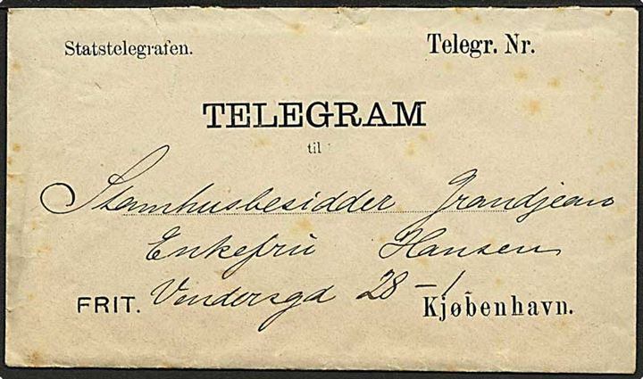 Statstelegrafen telegramkuvert med indhold dateret d. 8.2.1894 fra Nørre Alslev til Kjøbenhavn. På bagsiden ovalt stempel: Hovedtelegraf Stationen i Kjøbenhavn.
