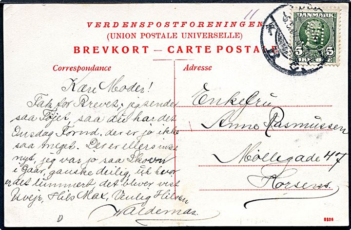 5 øre Fr. VIII med perfin M. (Firma Otto Mønsted) på brevkort fra Kjøbenhavn d. 5.5.1907 til Horsens.
