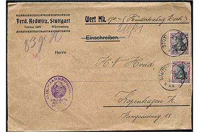 40 pfg. og 50 pfg. Germania på værdibrev fra Stuttgart d. 13.4.1916 til København. Tysk censur.