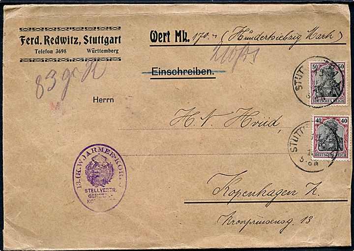 40 pfg. og 50 pfg. Germania på værdibrev fra Stuttgart d. 13.4.1916 til København. Tysk censur.