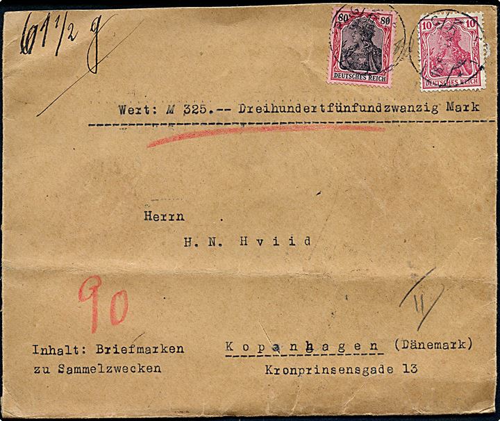 10 pfg. og 80 pfg. Germania på værdibrev fra Leipzig d. 16.5.1918 til København, Danmark. Tysk censur.